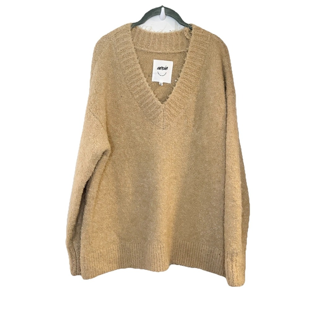 Aerie Cozy V Neck Boucle Knit Sweater Solid Tan Fuzzy Warm Chunky Oversize M